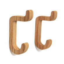 Set of two oak wooden wall hooks for coats, bags, keys, and home organization