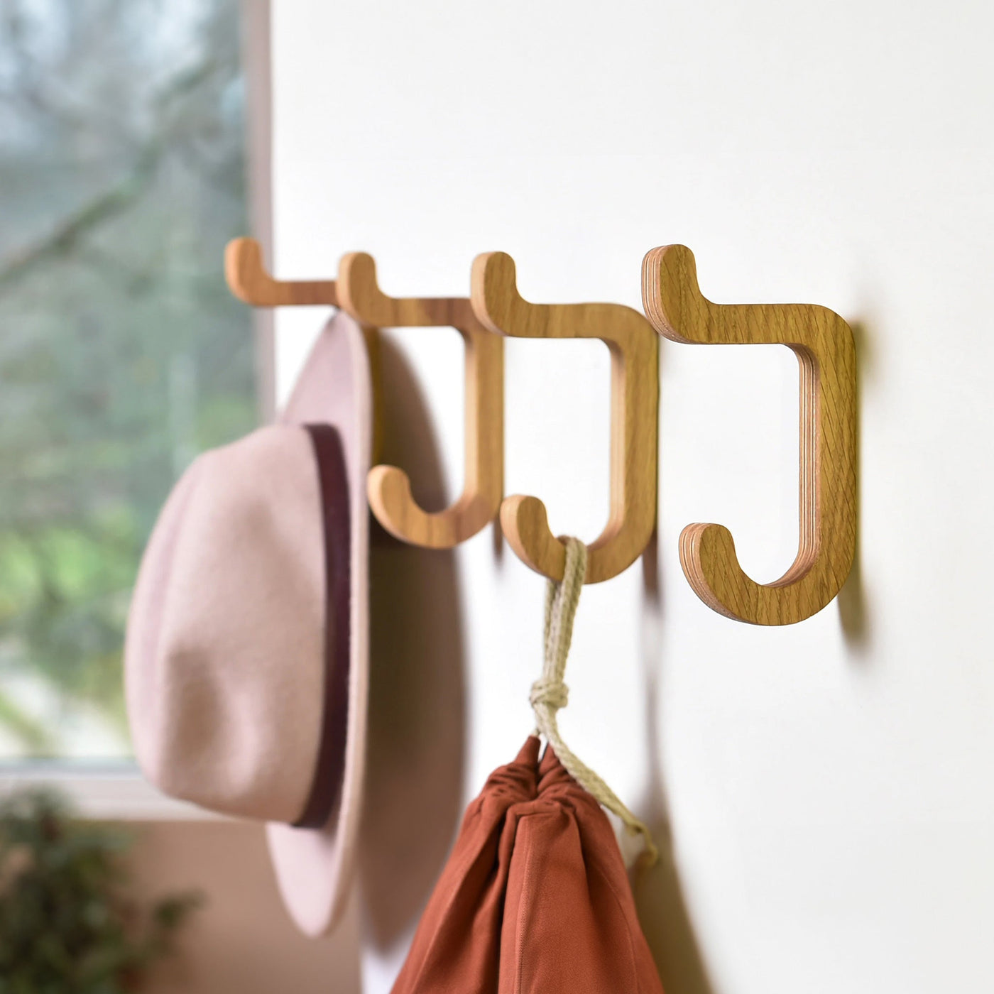 Set of two oak wooden wall hooks for coats, bags, keys, and home organization