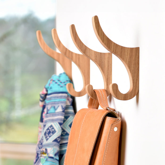 Set of two oak wooden wall hooks for coats, bags, hats, and home organization
