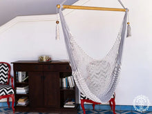 Grey and ecru Jinopete XL cotton hammock chair with wooden spreader bar