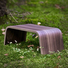 Japanese style wooden tea table and two bench stools for meditation and tea ceremony