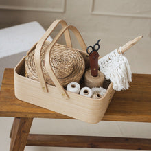Natural oak plywood picnic basket with handles for storage and serving