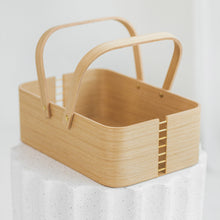 Natural oak plywood picnic basket with handles for storage and serving