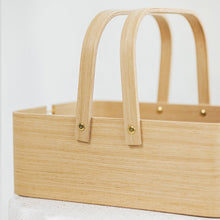 Natural oak plywood picnic basket with handles for storage and serving