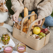 Natural oak plywood picnic basket with handles for storage and serving