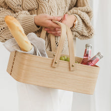 Natural oak plywood picnic basket with handles for storage and serving