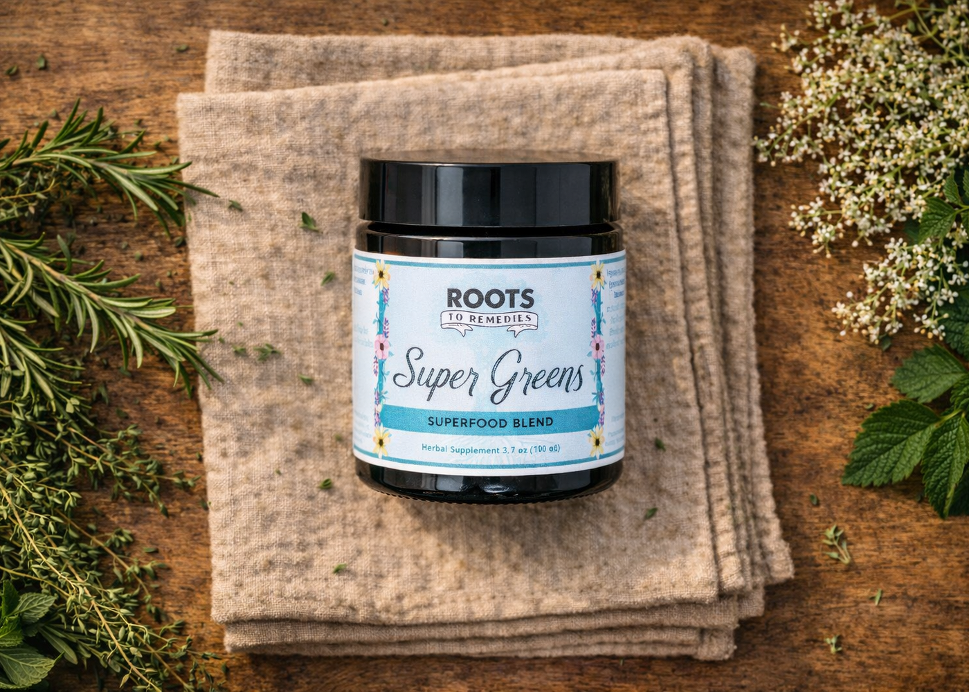 Organic super greens herbal blend powder with nettle, kelp, alfalfa, wheatgrass, barley grass, and chlorella