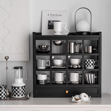 Japanese-style brown wooden mug rack for organising mugs, cups, and small bowls