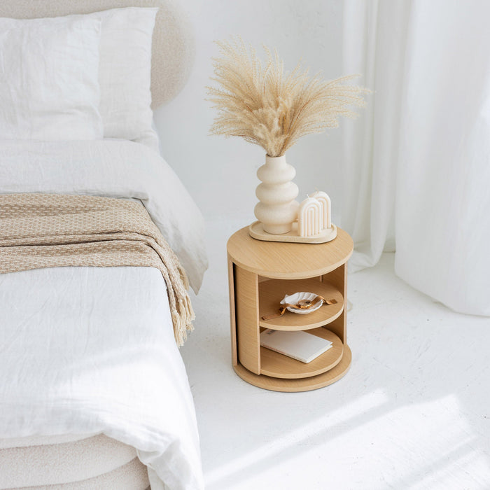 Round rotating wooden storage shelf for books, makeup, and everyday essentials