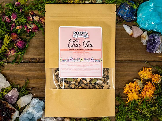 Organic medicinal mushroom chai tea blend with chaga, shiitake, reishi, and warming chai spices
