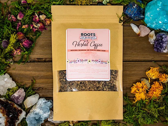 Medicinal mushroom herbal coffee blend with roasted roots, reishi, and cordyceps