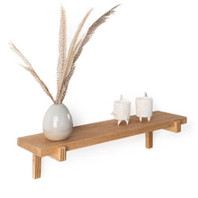 Set of two natural oak floating wall shelves with holders for home or office display