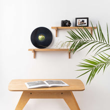 Set of two natural oak floating wall shelves with holders for home or office display