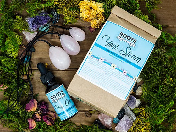 Rose quartz yoni gift set with yoni eggs, oil, and herbal steam blend